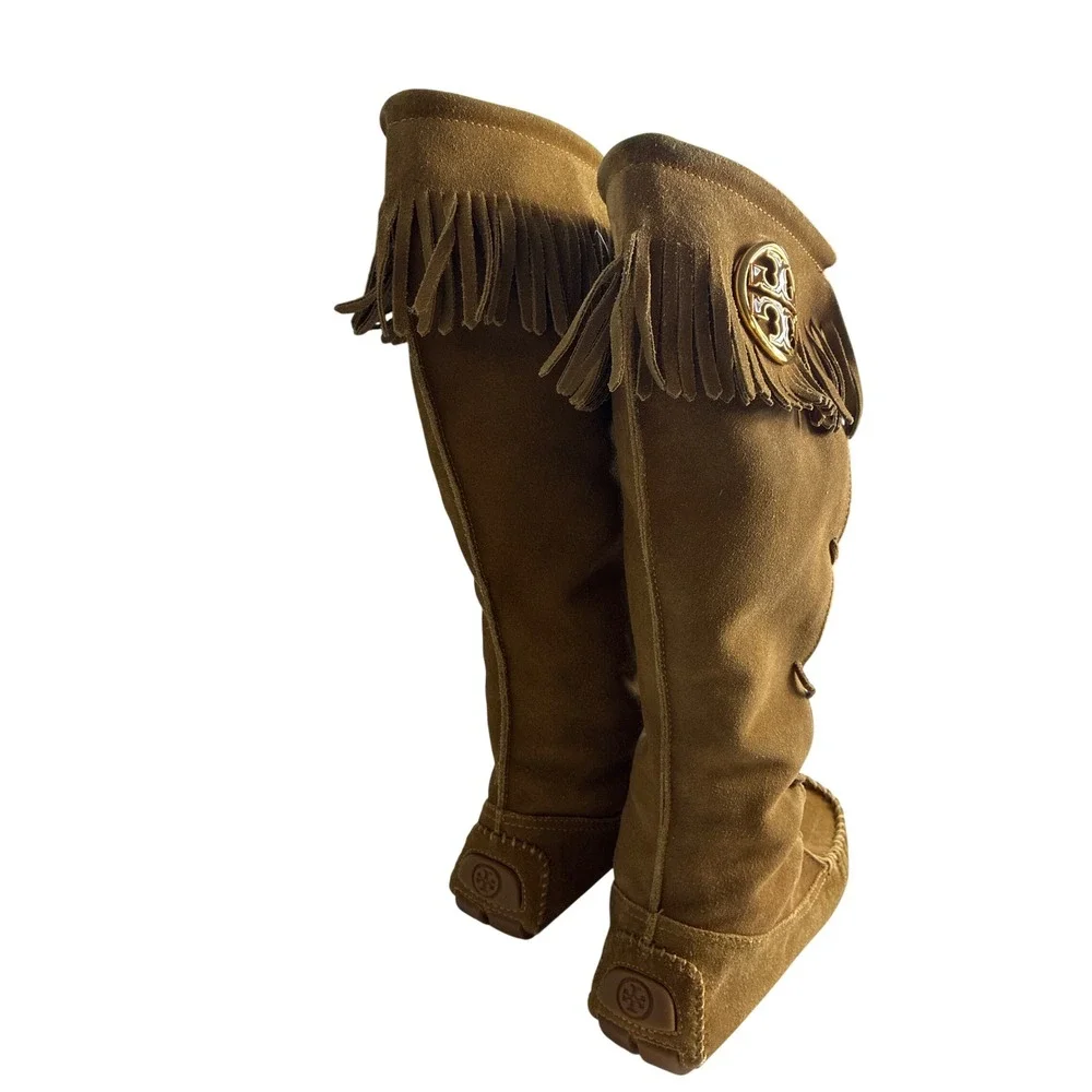 Tory Burch Tan Suede Fringe Moccasin Lace Up‎ Tall Boots Gold Logo Tassels 7M